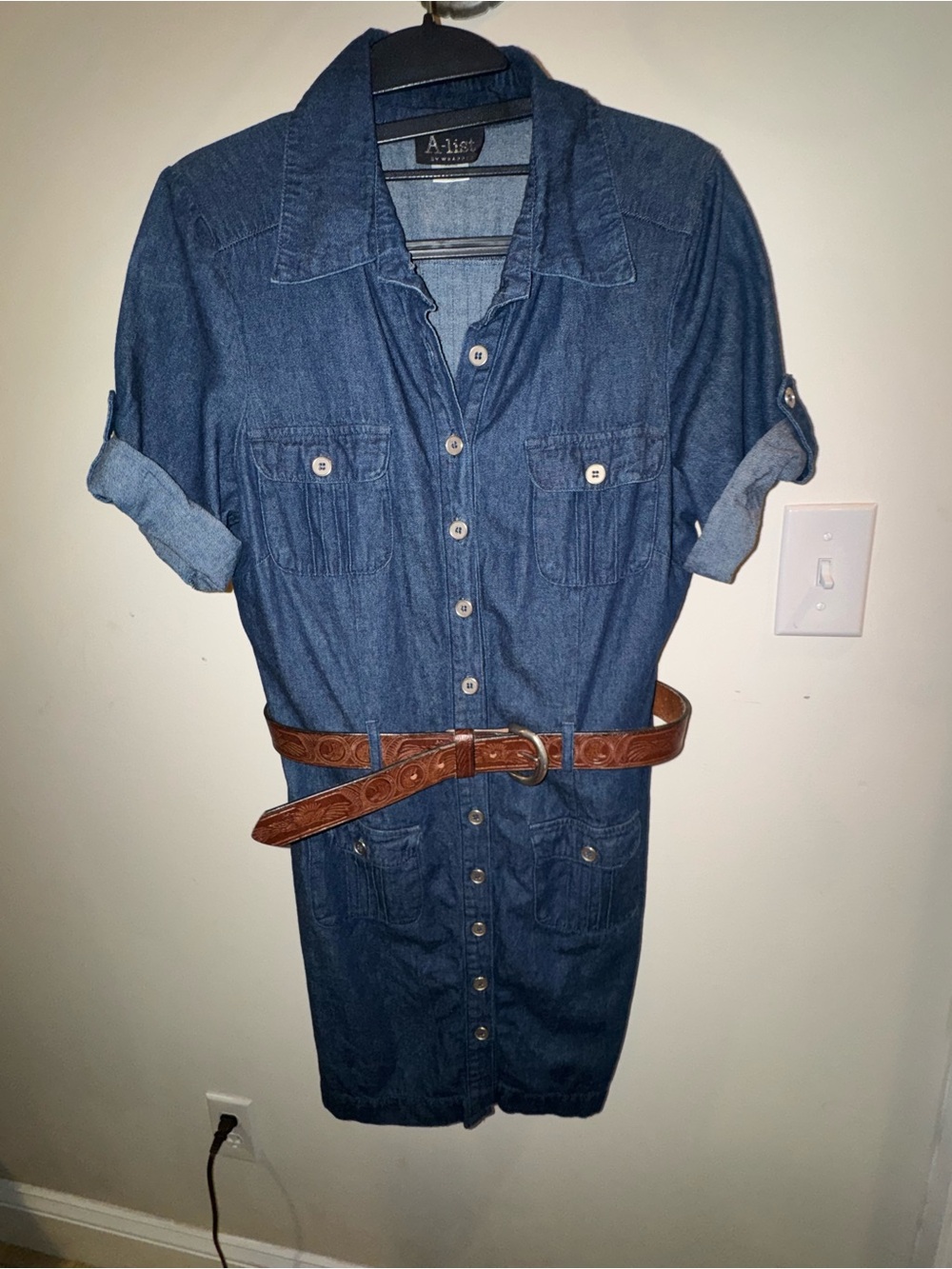 Wrapper Denim Midi Shirt Dress in Blue with Brown Belt